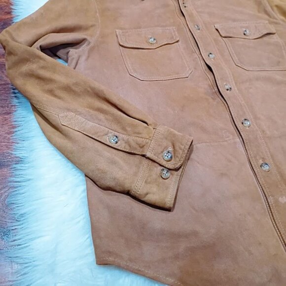 Bullock & Jones Mens Medium Suede Button-Up Shirt In Tan With Double Flap Pocket - Picture 8 of 16